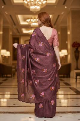 Maroon manipuri silk embroidered thread work heavy look ethnic saree with blouse 2