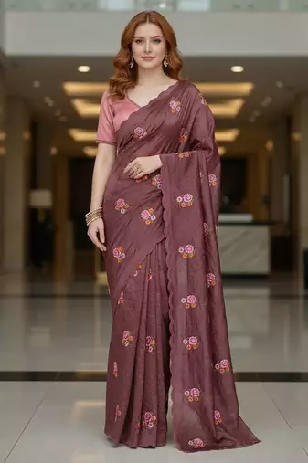 Maroon manipuri silk embroidered thread work heavy look ethnic saree with blouse