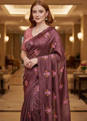 Maroon manipuri silk embroidered thread work heavy look ethnic saree with blouse 4