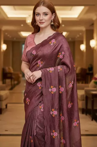 Maroon manipuri silk embroidered thread work heavy look ethnic saree with blouse