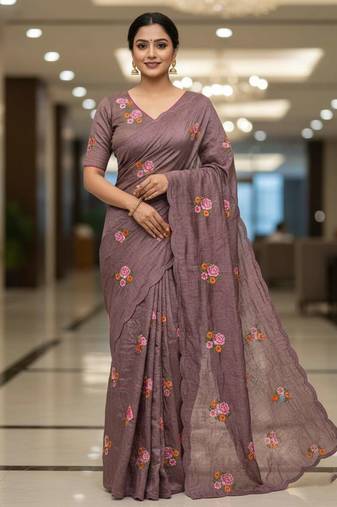 Purple manipuri silk embroidered thread work heavy look ethnic saree with blouse