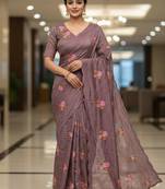 Purple manipuri silk embroidered thread work heavy look ethnic saree with blouse