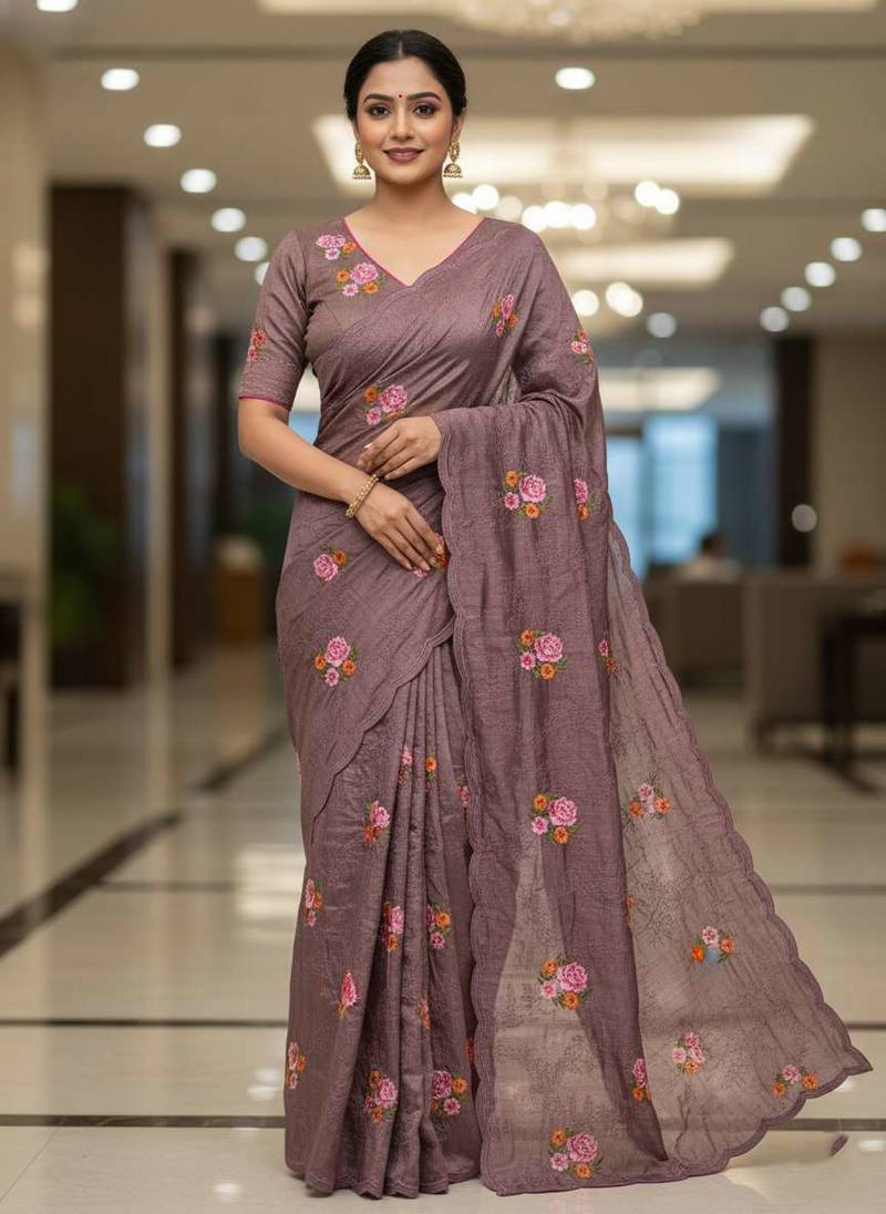 Purple manipuri silk embroidered thread work heavy look ethnic saree with blouse