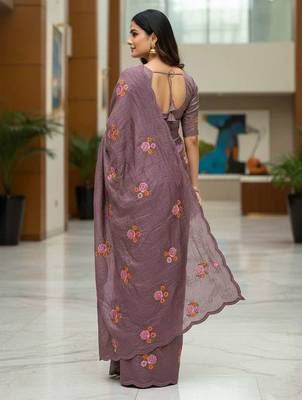 Purple manipuri silk embroidered thread work heavy look ethnic saree with blouse 2