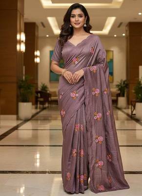 Purple manipuri silk embroidered thread work heavy look ethnic saree with blouse 3