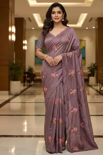 Purple manipuri silk embroidered thread work heavy look ethnic saree with blouse