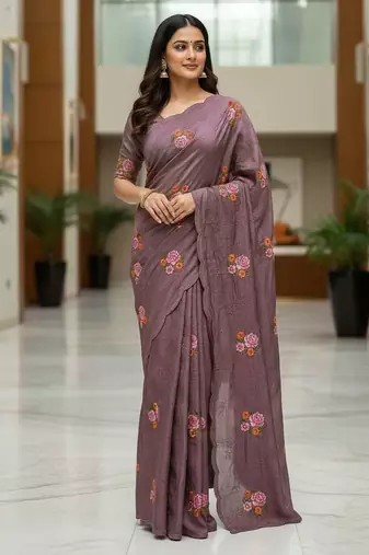 Purple manipuri silk embroidered thread work heavy look ethnic saree with blouse