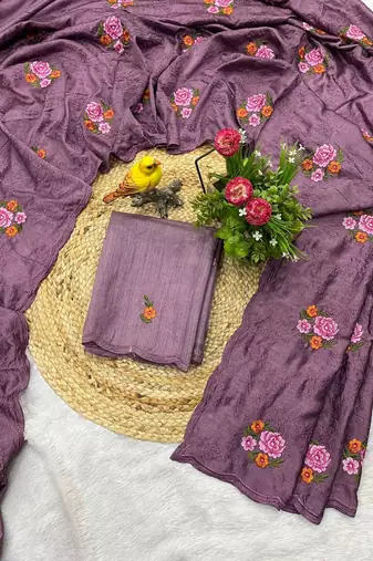 Purple manipuri silk embroidered thread work heavy look ethnic saree with blouse