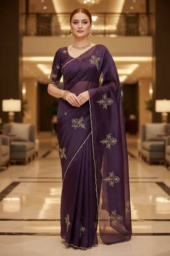 Purple satin embroidered zari woven heavy look ethnic saree with blouse