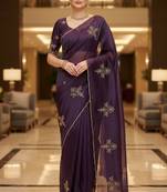 Purple satin embroidered zari woven heavy look ethnic saree with blouse