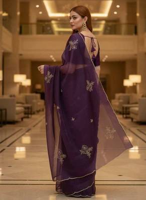 Purple satin embroidered zari woven heavy look ethnic saree with blouse 2