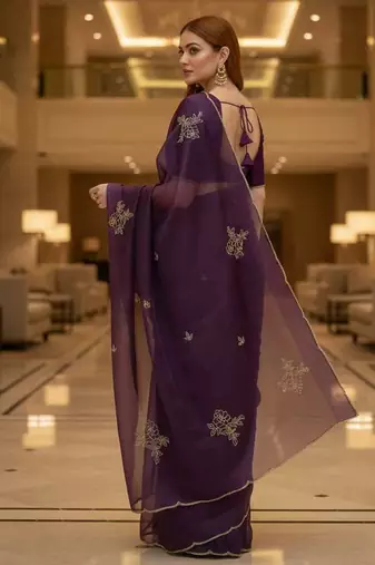 Purple satin embroidered zari woven heavy look ethnic saree with blouse