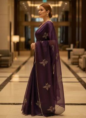 Purple satin embroidered zari woven heavy look ethnic saree with blouse 3