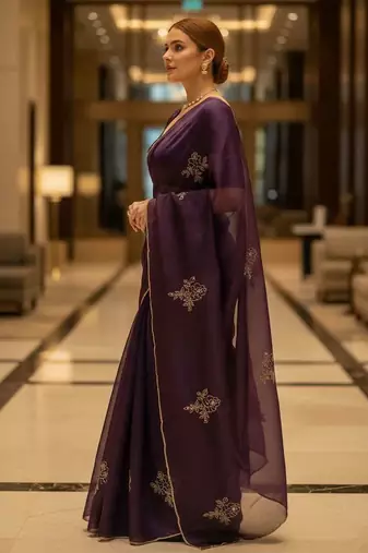 Purple satin embroidered zari woven heavy look ethnic saree with blouse