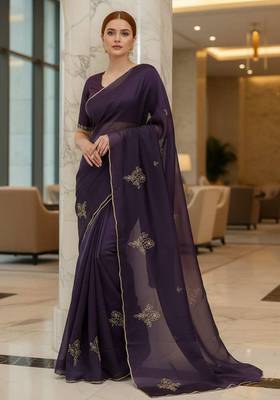 Purple satin embroidered zari woven heavy look ethnic saree with blouse 4