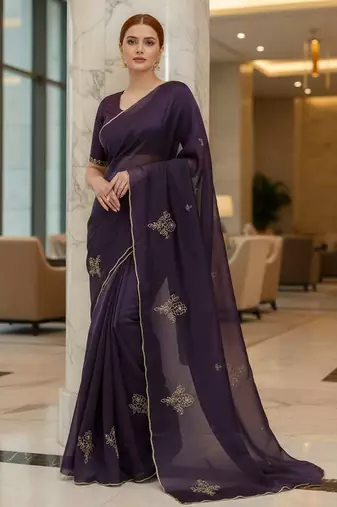 Purple satin embroidered zari woven heavy look ethnic saree with blouse