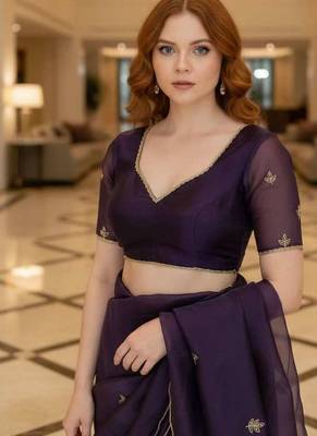 Purple satin embroidered zari woven heavy look ethnic saree with blouse 5