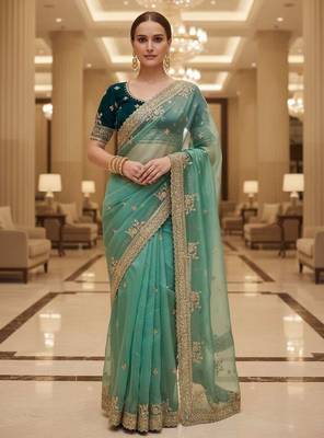Green satin embroidered thread work heavy look ethnic saree with blouse 1