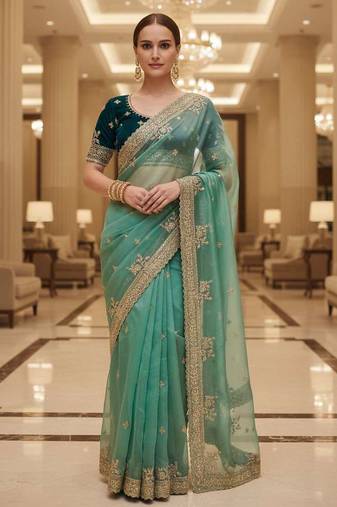 Green satin embroidered thread work heavy look ethnic saree with blouse