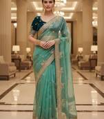 Green satin embroidered thread work heavy look ethnic saree with blouse
