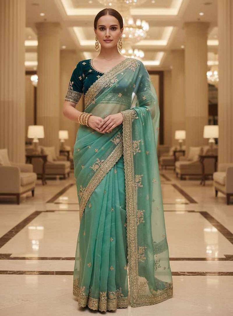 Green satin embroidered thread work heavy look ethnic saree with blouse