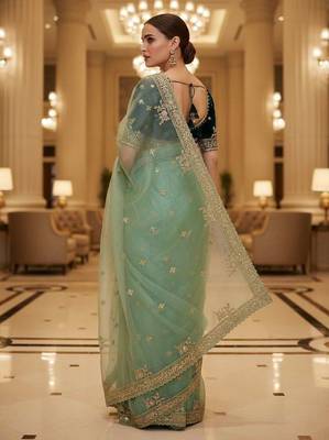 Green satin embroidered thread work heavy look ethnic saree with blouse 2