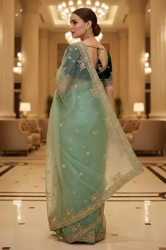 Green satin embroidered thread work heavy look ethnic saree with blouse