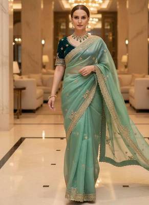 Green satin embroidered thread work heavy look ethnic saree with blouse 3