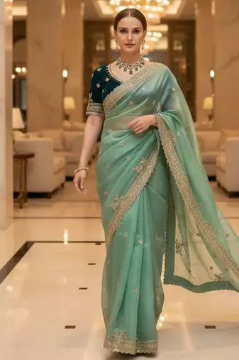 Green satin embroidered thread work heavy look ethnic saree with blouse