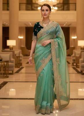 Green satin embroidered thread work heavy look ethnic saree with blouse 4