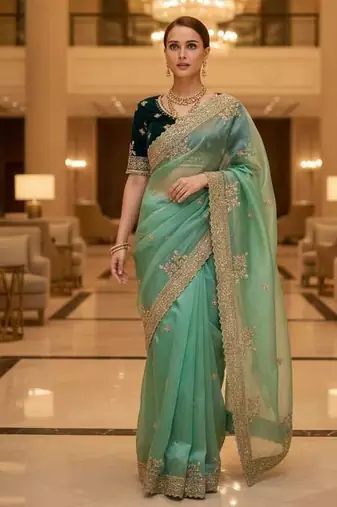 Green satin embroidered thread work heavy look ethnic saree with blouse