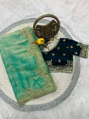 Green satin embroidered thread work heavy look ethnic saree with blouse 5