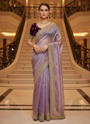 Lavender satin embroidered thread work heavy look ethnic saree with blouse 1