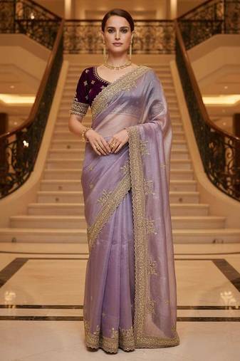 Lavender satin embroidered thread work heavy look ethnic saree with blouse