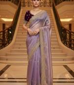 Lavender satin embroidered thread work heavy look ethnic saree with blouse