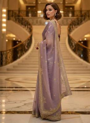 Lavender satin embroidered thread work heavy look ethnic saree with blouse 2