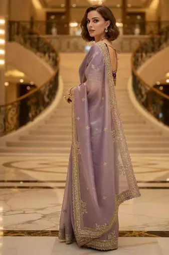 Lavender satin embroidered thread work heavy look ethnic saree with blouse