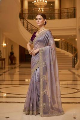 Lavender satin embroidered thread work heavy look ethnic saree with blouse 3
