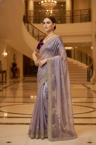 Lavender satin embroidered thread work heavy look ethnic saree with blouse