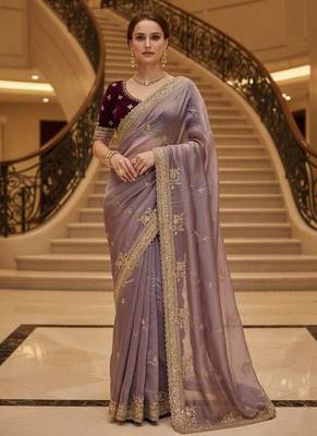 Lavender satin embroidered thread work heavy look ethnic saree with blouse 4