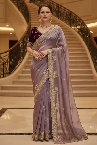 Lavender satin embroidered thread work heavy look ethnic saree with blouse