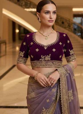 Lavender satin embroidered thread work heavy look ethnic saree with blouse 5