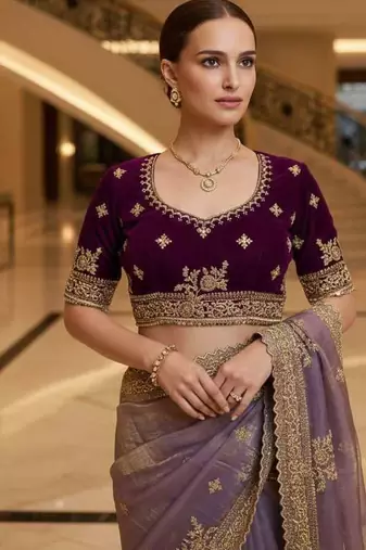 Lavender satin embroidered thread work heavy look ethnic saree with blouse