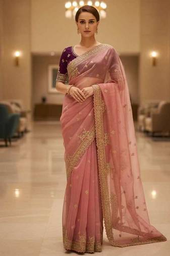Pink satin embroidered thread work heavy look ethnic saree with blouse