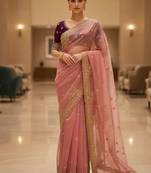 Pink satin embroidered thread work heavy look ethnic saree with blouse