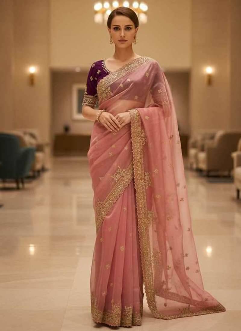 Pink satin embroidered thread work heavy look ethnic saree with blouse