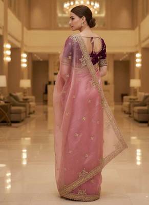 Pink satin embroidered thread work heavy look ethnic saree with blouse 2