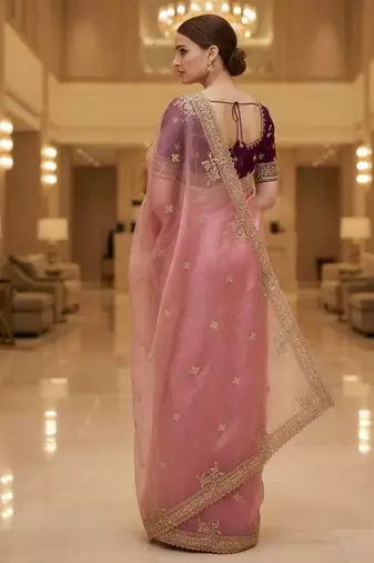 Pink satin embroidered thread work heavy look ethnic saree with blouse