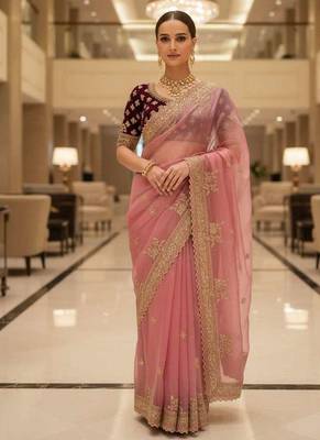 Pink satin embroidered thread work heavy look ethnic saree with blouse 3