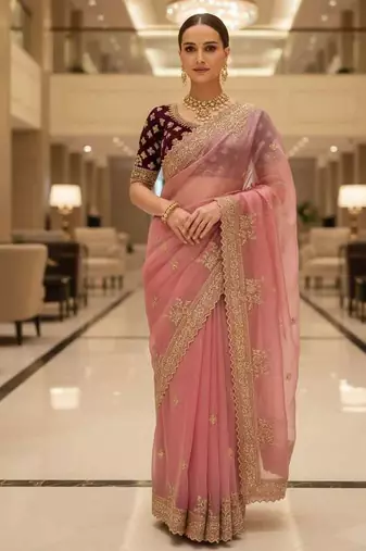 Pink satin embroidered thread work heavy look ethnic saree with blouse